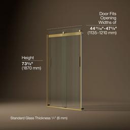 Kohler Levity Sliding shower door, 74'' H x 43-5/8 - 47-5/8'' W, with 1/4'' thick Crystal Clear glass - Vibrant Brushed Moderne Brass - image 3
