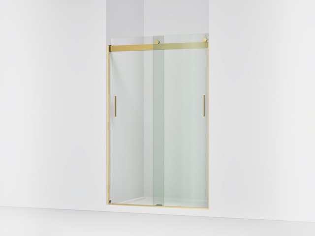 Kohler Levity Sliding shower door, 74'' H x 43-5/8 - 47-5/8'' W, with 1/4'' thick Crystal Clear glass - Vibrant Brushed Moderne Brass