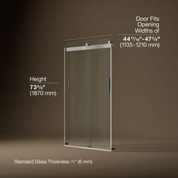 Kohler Levity Sliding shower door, 74'' H x 43-5/8 - 47-5/8'' W, with 1/4'' thick Crystal Clear glass - Matte Nickel - image 3