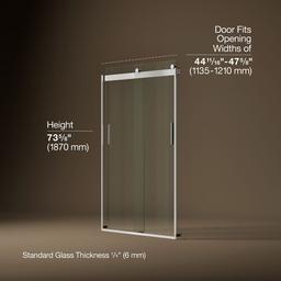 Kohler Levity Sliding shower door, 74'' H x 43-5/8 - 47-5/8'' W, with 1/4'' thick Crystal Clear glass - Bright Silver - image 3