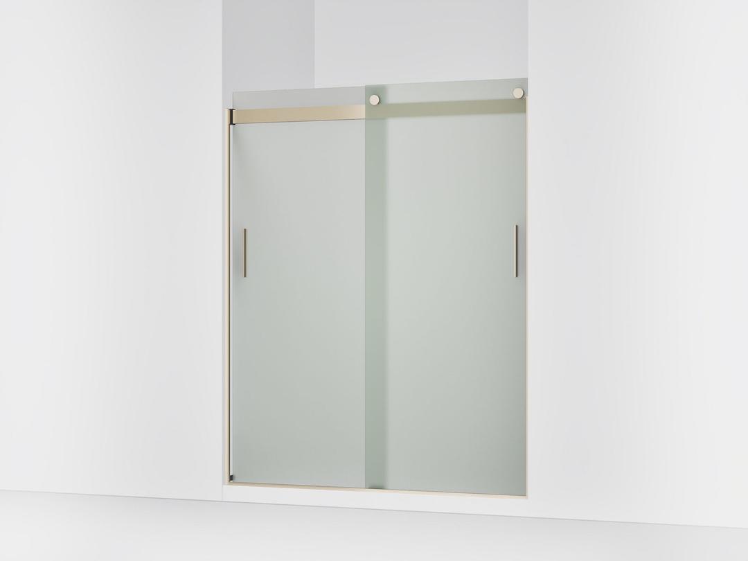Kohler Levity Sliding shower door, 74'' H x 56-5/8 - 59-5/8'' W, with 1/4'' thick Frosted glass and blade handles - Anodized Brushed Bronze by Kohler
