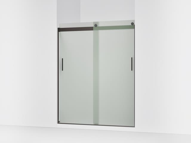 Kohler Levity Sliding shower door, 74'' H x 56-5/8 - 59-5/8'' W, with 1/4'' thick Frosted glass and blade handles - Anodized Dark Bronze
