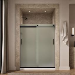Kohler Levity Sliding shower door, 74'' H x 56-5/8 - 59-5/8'' W, with 1/4'' thick Frosted glass and blade handles - Matte Black - image 4