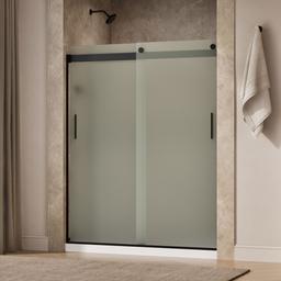 Kohler Levity Sliding shower door, 74'' H x 56-5/8 - 59-5/8'' W, with 1/4'' thick Frosted glass and blade handles - Matte Black - image 2
