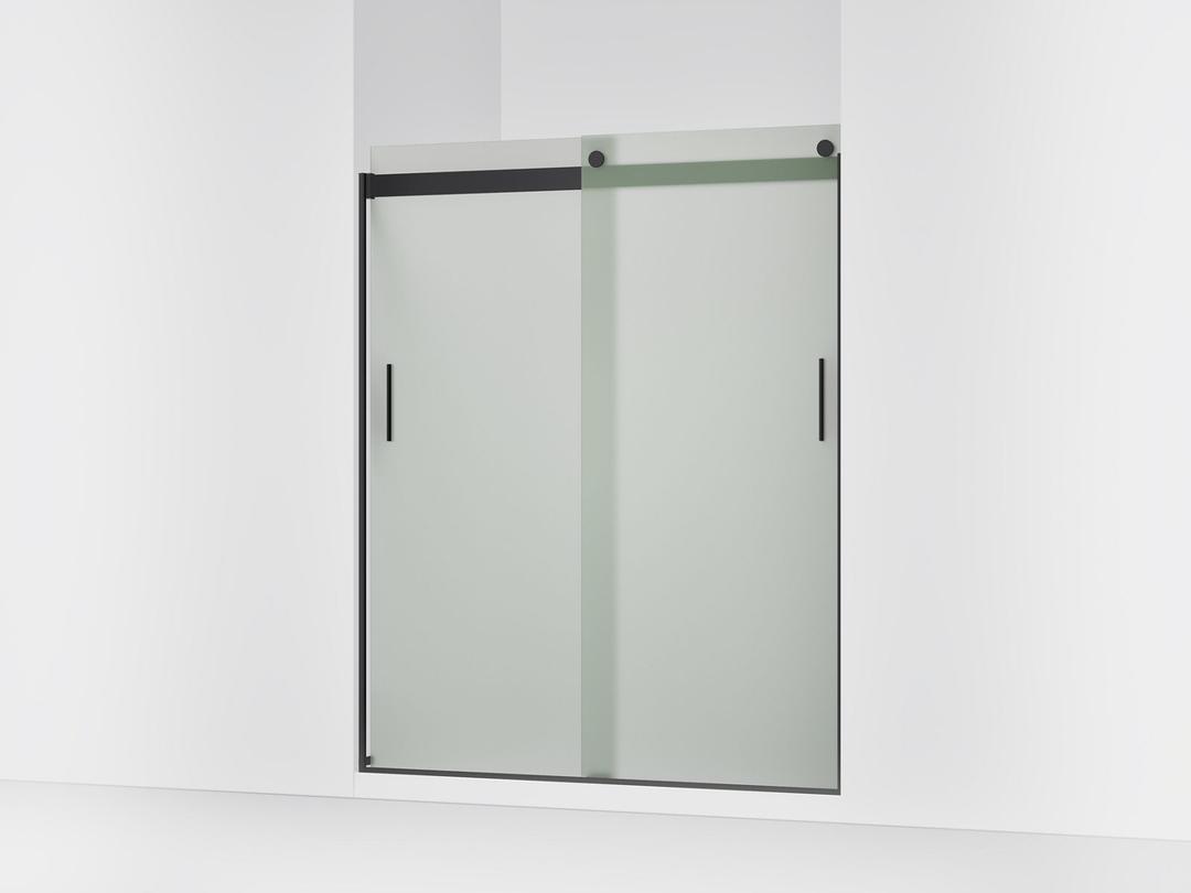 Kohler Levity Sliding shower door, 74'' H x 56-5/8 - 59-5/8'' W, with 1/4'' thick Frosted glass and blade handles - Matte Black by Kohler