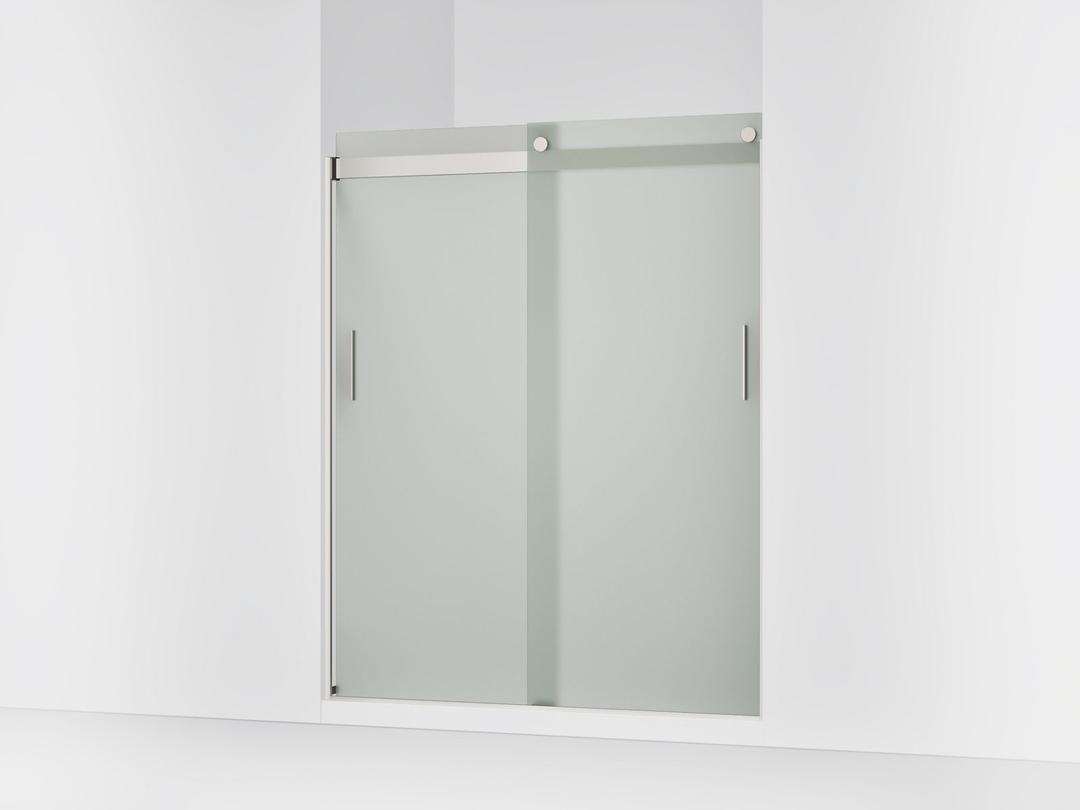 Kohler Levity Sliding shower door, 74'' H x 56-5/8 - 59-5/8'' W, with 1/4'' thick Frosted glass and blade handles - Matte Nickel by Kohler