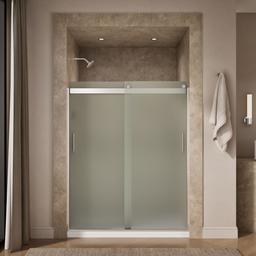 Kohler Levity Sliding shower door, 74'' H x 56-5/8 - 59-5/8'' W, with 1/4'' thick Frosted glass and blade handles - Bright Silver - image 4
