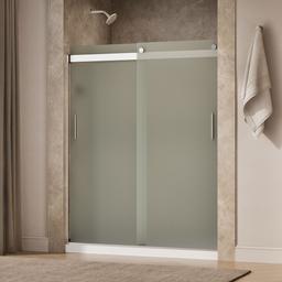Kohler Levity Sliding shower door, 74'' H x 56-5/8 - 59-5/8'' W, with 1/4'' thick Frosted glass and blade handles - Bright Silver - image 2