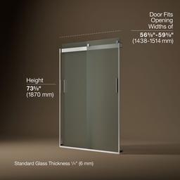 Kohler Levity Sliding shower door, 74'' H x 56-5/8 - 59-5/8'' W, with 1/4'' thick Frosted glass and blade handles - Bright Silver - image 3