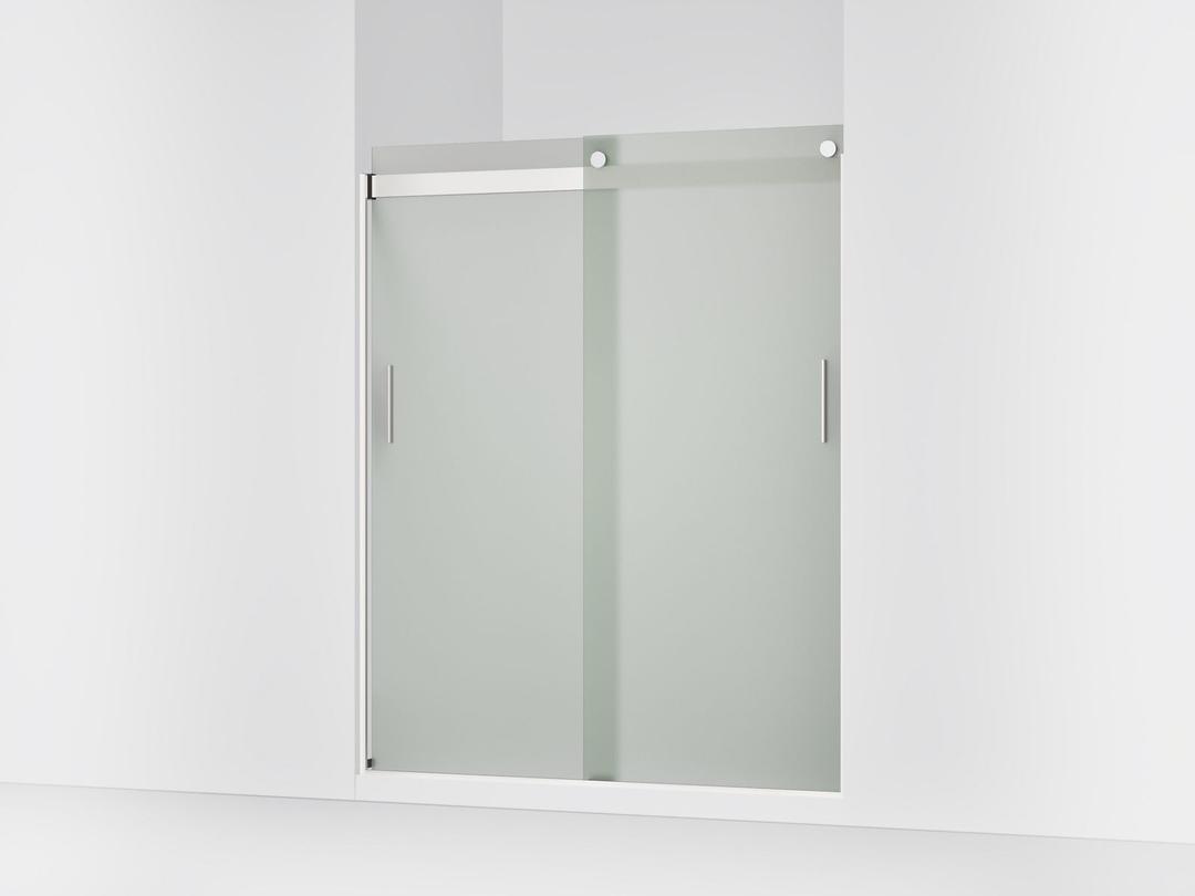 Kohler Levity Sliding shower door, 74'' H x 56-5/8 - 59-5/8'' W, with 1/4'' thick Frosted glass and blade handles - Bright Silver by Kohler