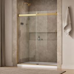 Kohler Levity Sliding shower door, 74'' H x 56-5/8 - 59-5/8'' W, with 1/4'' thick Crystal Clear glass - Vibrant Brushed Moderne Brass - image 2