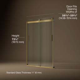 Kohler Levity Sliding shower door, 74'' H x 56-5/8 - 59-5/8'' W, with 1/4'' thick Crystal Clear glass - Vibrant Brushed Moderne Brass - image 3