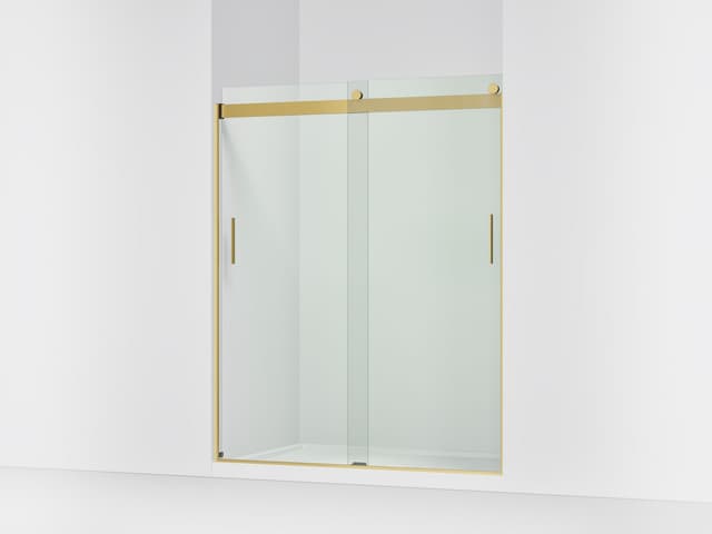 Kohler Levity Sliding shower door, 74'' H x 56-5/8 - 59-5/8'' W, with 1/4'' thick Crystal Clear glass - Vibrant Brushed Moderne Brass