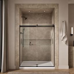 Kohler Levity Sliding shower door, 74'' H x 56-5/8 - 59-5/8'' W, with 1/4'' thick Crystal Clear glass - Anodized Dark Bronze - image 4