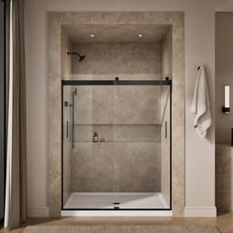 Kohler Levity Sliding shower door, 74'' H x 56-5/8 - 59-5/8'' W, with 1/4'' thick Crystal Clear glass - Matte Black - image 4