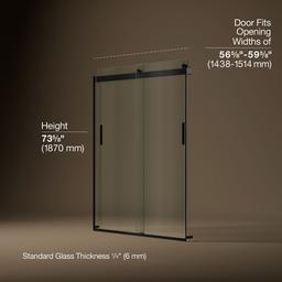 Kohler Levity Sliding shower door, 74'' H x 56-5/8 - 59-5/8'' W, with 1/4'' thick Crystal Clear glass - Matte Black - image 3