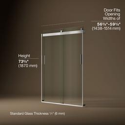 Kohler Levity Sliding shower door, 74'' H x 56-5/8 - 59-5/8'' W, with 1/4'' thick Crystal Clear glass - Bright Silver - image 3