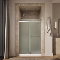Kohler Levity Sliding shower door, 74'' H x 44-5/8 - 47-5/8'' W, with 1/4'' thick Frosted glass - Bright Silver - image 4