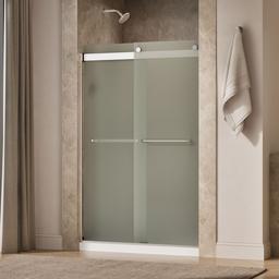 Kohler Levity Sliding shower door, 74'' H x 44-5/8 - 47-5/8'' W, with 1/4'' thick Frosted glass - Bright Silver - image 2