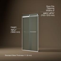 Kohler Levity Sliding shower door, 74'' H x 44-5/8 - 47-5/8'' W, with 1/4'' thick Frosted glass - Bright Silver - image 3