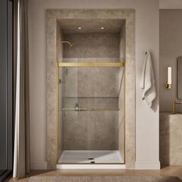 Kohler Levity Sliding shower door, 74'' H x 44-5/8 - 47-5/8'' W, with 1/4'' thick Crystal Clear glass - Vibrant Brushed Moderne Brass - image 4