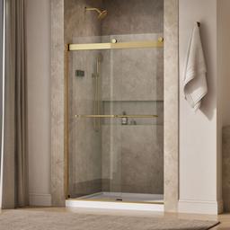 Kohler Levity Sliding shower door, 74'' H x 44-5/8 - 47-5/8'' W, with 1/4'' thick Crystal Clear glass - Vibrant Brushed Moderne Brass - image 2