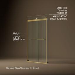 Kohler Levity Sliding shower door, 74'' H x 44-5/8 - 47-5/8'' W, with 1/4'' thick Crystal Clear glass - Vibrant Brushed Moderne Brass - image 3