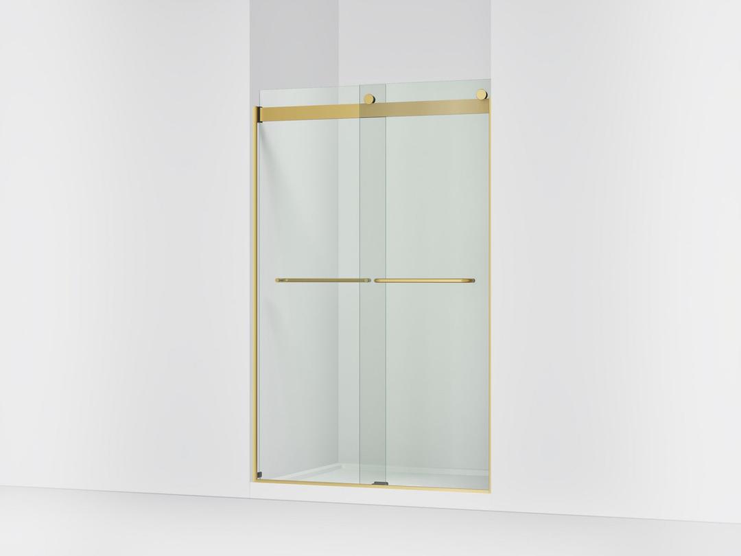 Kohler Levity Sliding shower door, 74'' H x 44-5/8 - 47-5/8'' W, with 1/4'' thick Crystal Clear glass - Vibrant Brushed Moderne Brass by Kohler