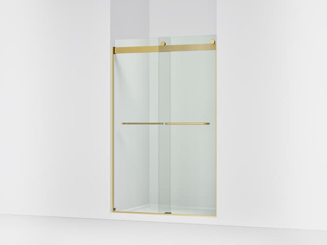 Kohler Levity Sliding shower door, 74'' H x 44-5/8 - 47-5/8'' W, with 1/4'' thick Crystal Clear glass - Vibrant Brushed Moderne Brass