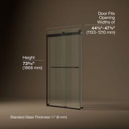 Kohler Levity Sliding shower door, 74'' H x 44-5/8 - 47-5/8'' W, with 1/4'' thick Crystal Clear glass - Anodized Dark Bronze - image 3