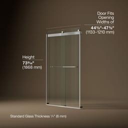 Kohler Levity Sliding shower door, 74'' H x 44-5/8 - 47-5/8'' W, with 1/4'' thick Crystal Clear glass - Matte Nickel - image 3