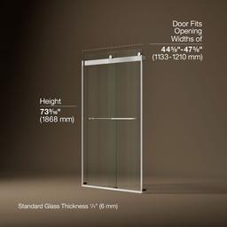 Kohler Levity Sliding shower door, 74'' H x 44-5/8 - 47-5/8'' W, with 1/4'' thick Crystal Clear glass - Bright Silver - image 3
