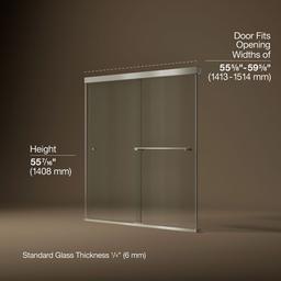 Kohler Revel Sliding bath door, 55-1/2'' H x 56-5/8 - 59-5/8'' W, with 1/4'' thick Crystal Clear glass - Anodized Brushed Nickel - image 2
