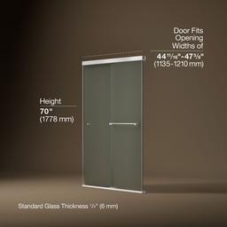 Kohler Revel Sliding shower door, 70'' H x 44-5/8 - 47-5/8'' W, with 1/4'' thick Frosted glass - Bright Polished Silver - image 3