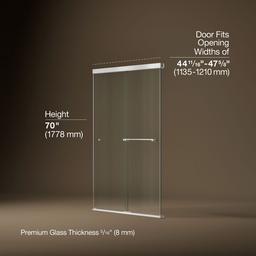 Kohler Revel Sliding shower door, 70'' H x 44-5/8 - 47-5/8'' W, with 1/4'' thick Crystal Clear glass - Bright Polished Silver - image 3