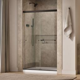 Kohler Revel Sliding shower door, 76'' H x 44-5/8 - 47-5/8'' W, with 5/16'' thick Crystal Clear glass - Anodized Dark Bronze - image 2