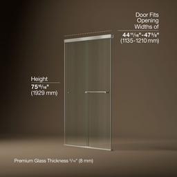 Kohler Revel Sliding shower door, 76'' H x 44-5/8 - 47-5/8'' W, with 5/16'' thick Crystal Clear glass - Anodized Brushed Nickel - image 3