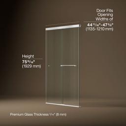 Kohler Revel Sliding shower door, 76'' H x 44-5/8 - 47-5/8'' W, with 5/16'' thick Crystal Clear glass - Bright Polished Silver - image 3