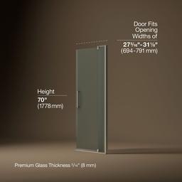 Kohler Revel Pivot shower door, 70'' H x 27-5/16 - 31-1/8'' W, with 1/4'' thick Frosted glass - Anodized Brushed Nickel - image 3