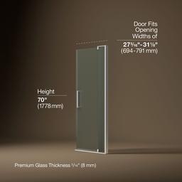 Kohler Revel Pivot shower door, 70'' H x 27-5/16 - 31-1/8'' W, with 1/4'' thick Frosted glass - Bright Polished Silver - image 3