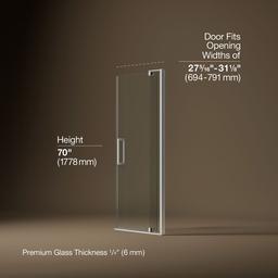 Kohler Revel Pivot shower door, 70'' H x 27-5/16 - 31-1/8'' W, with 1/4'' thick Crystal Clear glass - Bright Polished Silver - image 3
