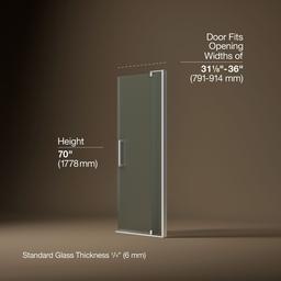 Kohler Revel Pivot shower door, 70'' H x 31-1/8 - 36'' W, with 1/4'' thick Frosted glass - Bright Polished Silver - image 3