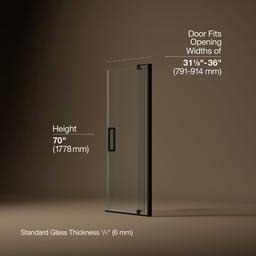 Kohler Revel Pivot shower door, 70'' H x 31-1/8 - 36'' W, with 1/4'' thick Crystal Clear glass - Anodized Dark Bronze - image 3