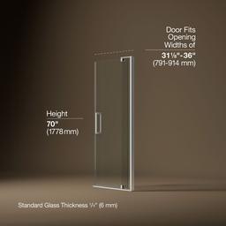 Kohler Revel Pivot shower door, 70'' H x 31-1/8 - 36'' W, with 1/4'' thick Crystal Clear glass - Bright Polished Silver - image 3