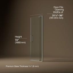 Kohler Revel Pivot shower door, 74'' H x 31-1/8 - 36'' W, with 5/16'' thick Crystal Clear glass - Anodized Brushed Nickel - image 3