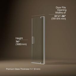 Kohler Revel Pivot shower door, 74'' H x 31-1/8 - 36'' W, with 5/16'' thick Crystal Clear glass - Bright Polished Silver - image 3