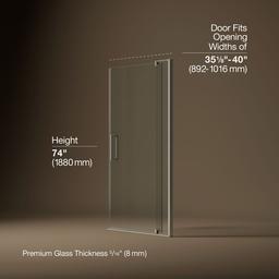Kohler Revel Pivot shower door, 74'' H x 35-1/8 - 40'' W, with 5/16'' thick Crystal Clear glass - Anodized Brushed Nickel - image 3