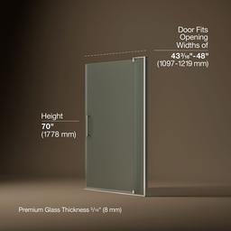 Kohler Revel Pivot shower door, 70'' H x 43-1/8 - 48'' W, with 5/16'' thick Frosted glass - Anodized Brushed Nickel - image 3