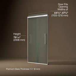 Kohler Pleat Frameless sliding shower door, 79-1/16'' H x 44-5/8 - 47-5/8'' W, with 5/16'' thick Frosted glass - Bright Polished Silver - image 3
