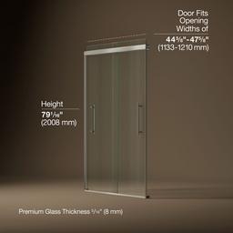 Kohler Pleat Frameless sliding shower door, 79-1/16'' H x 44-5/8 - 47-5/8'' W, with 5/16'' thick Crystal Clear glass - Anodized Brushed Nickel - image 3